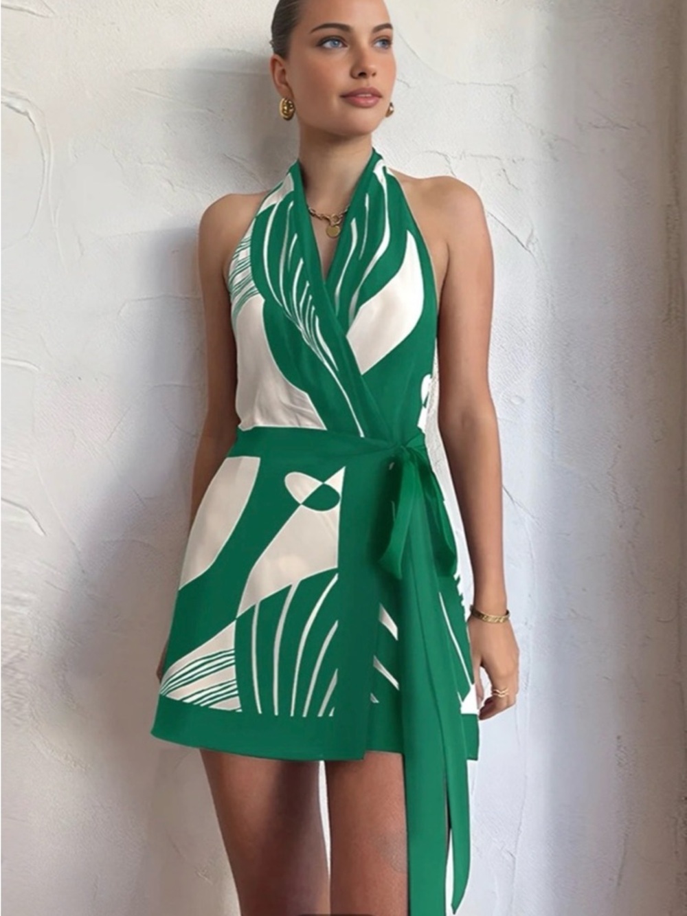 Commense green palm leaf halter-neck dress size XL NWT